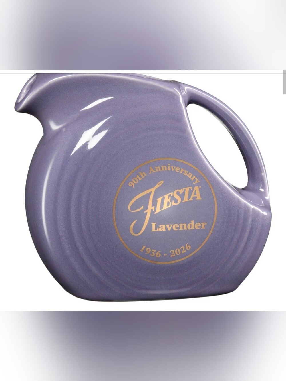 Fiesta Lavender 90th Anniversary Small Disc Pitcher with Gold Logo